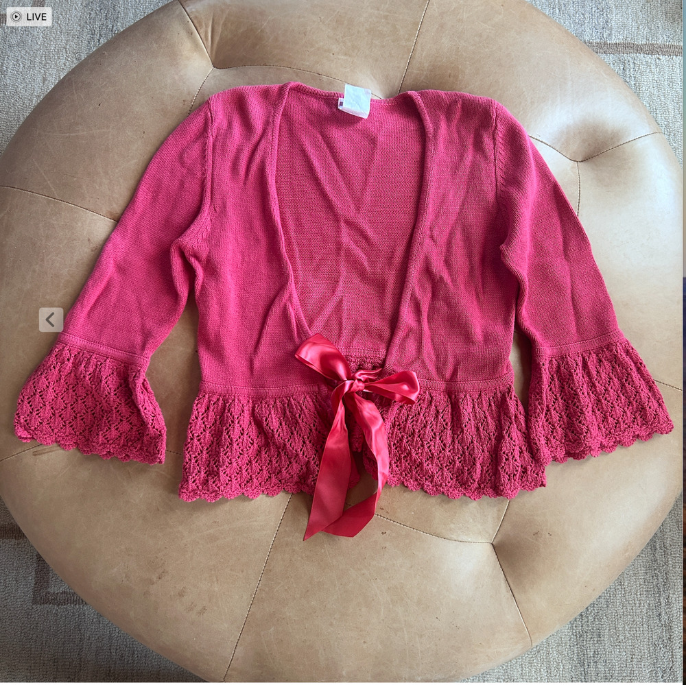 Vintage Y2K Crochet Bell Sleeve Cardigan Pink Ribbon Tie Fairy Whimsigoth Red L